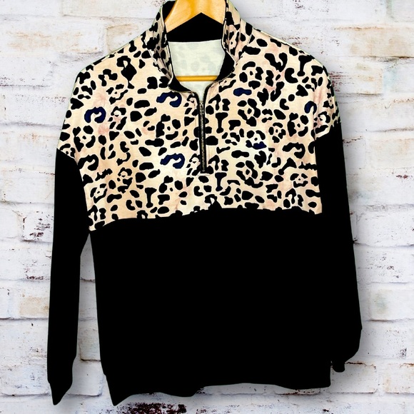 Leopard Print & Black Half-zip Pullover - Picture 2 of 2